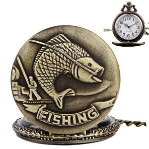 Pocket Chain Watch Fishing Theme Sportsperson Bronze Steampunk Retro Style Gift